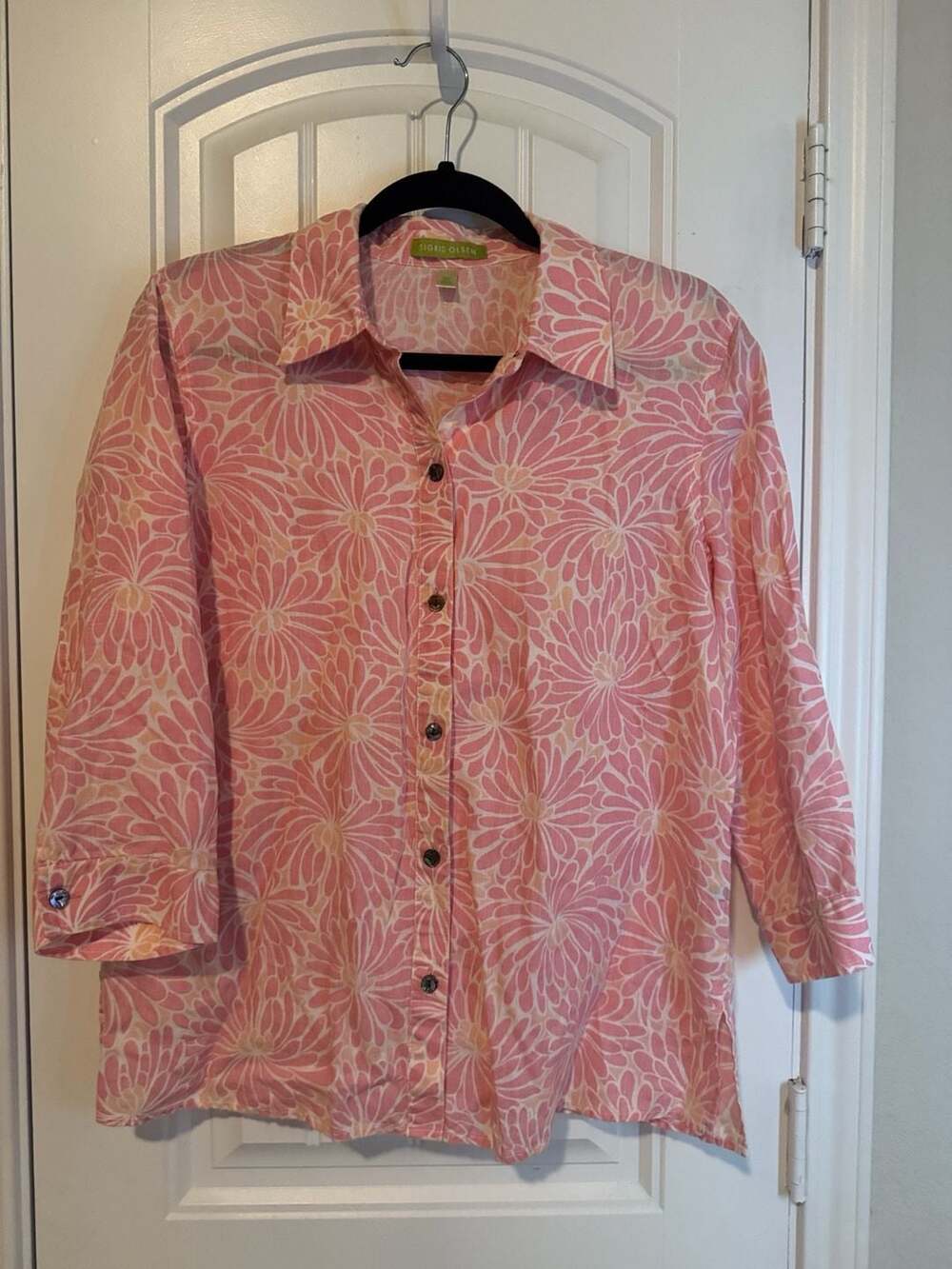 Sigrid Olsen pink Floral 3/4 Sleeve linen Shirt feminine festival grandmacore